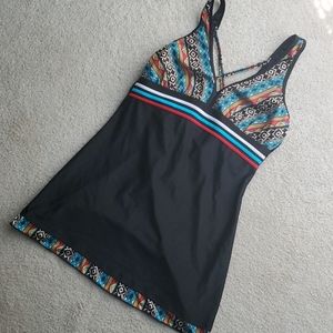 Black Tankini Swim Dress with Multicolor Tribal Print Large